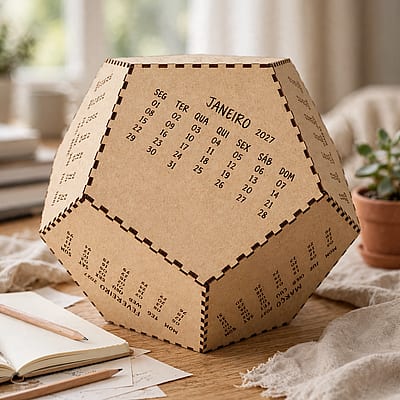 Cubo calendário em MDF cru em escrivaninha de home office