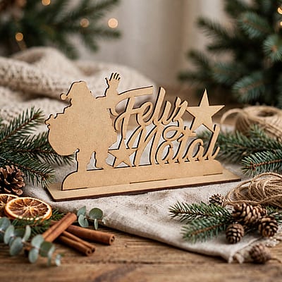 Enfeite natalino em MDF com Papai Noel em composição natalina.