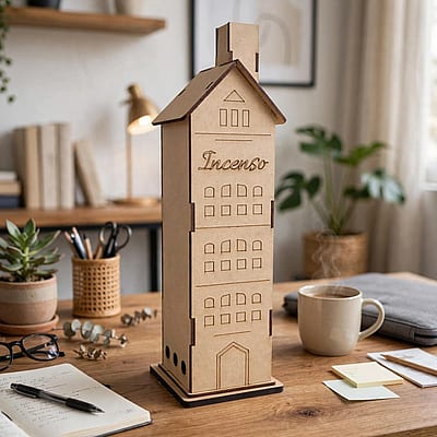 Casinha porta-incenso em MDF em home office.
