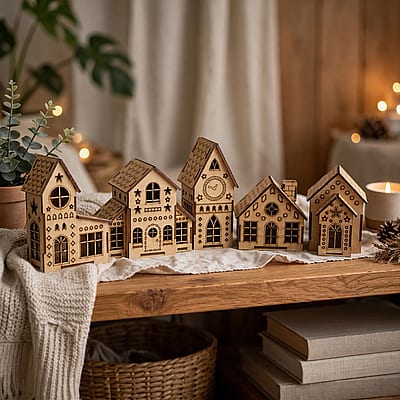 Conjunto de seis casinhas decorativas em MDF em estante acolhedora.