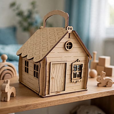 Casinha de MDF em prateleira de quarto infantil