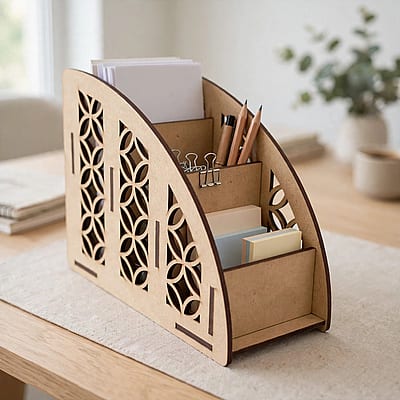 Organizador floral em MDF com papéis e materiais de escritório em home office