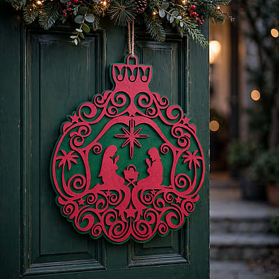 Enfeite de Natal Presépio em MDF pendurado em porta verde natalina.