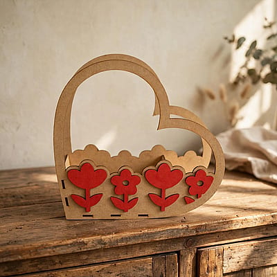 Cesta decorativa com alça de coração em MDF como lembrancinha artesanal.
