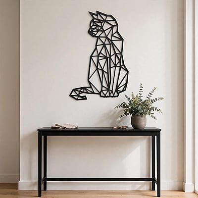 Quadro de gato geométrico em MDF preto em hall contemporâneo.