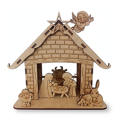 Mini presépio de Natal em MDF, em fundo branco.