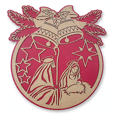 Capa: enfeite de porta natalino Sagrada Família em MDF rosa, frontal em fundo branco.
