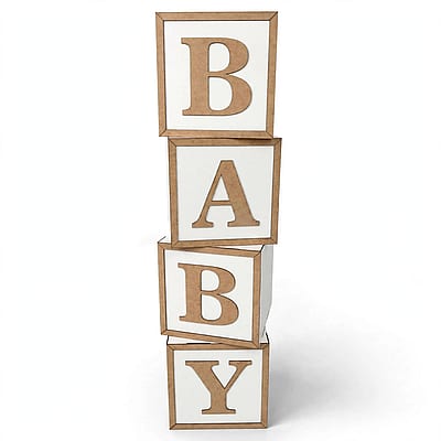 Capa: cubo BABY empilhável em MDF branco e natural para decoração de chá de revelação.
