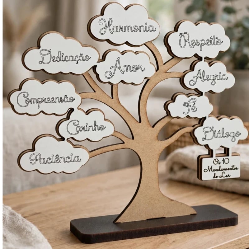 Árvore 10 Mandamentos em MDF Natural e Branco com Base Reforçada