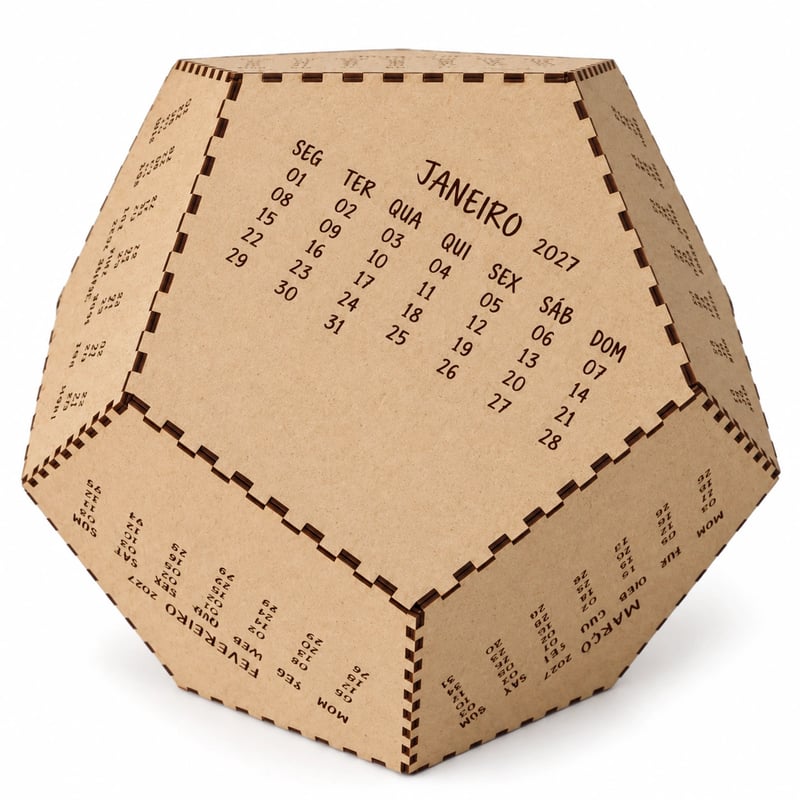 Cubo calendário perpétuo em MDF cru sobre fundo branco