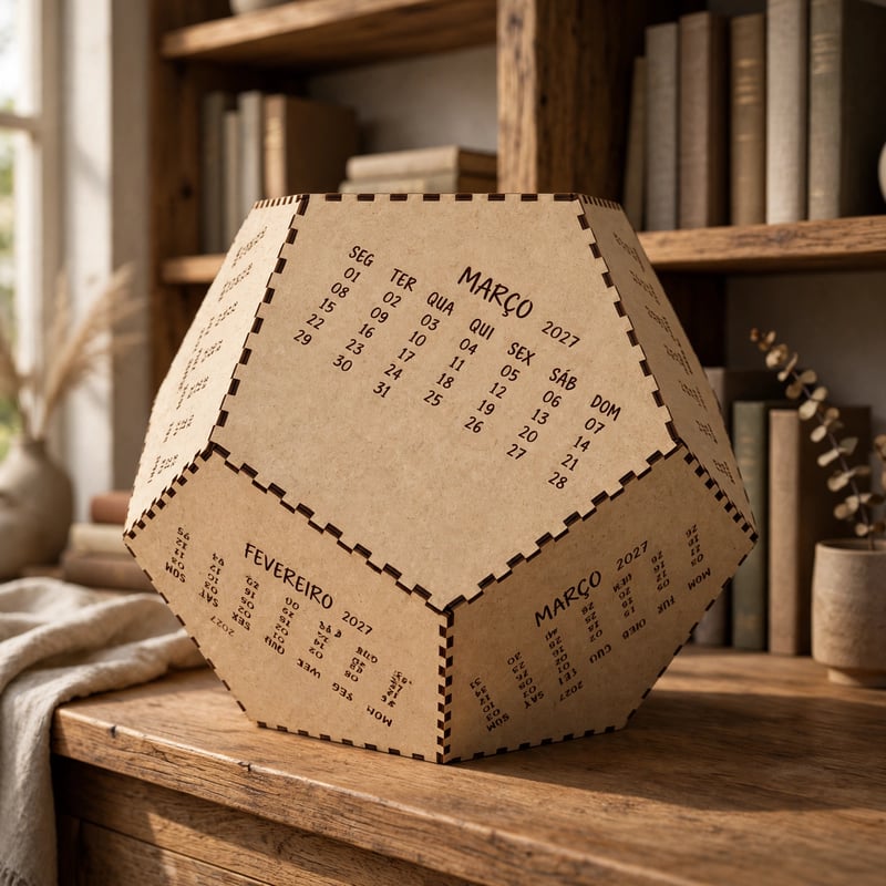 Cubo calendário de MDF cru em estante com decoração rústica